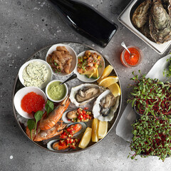 Metal tray with open oysters, raw mussels and caviar. Seafood assortment. On a stone background. Free space for text.