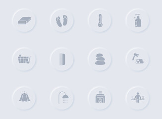 sauna gray vector icons on round rubber buttons. sauna icon set for web, mobile apps, ui design and promo business polygraphy