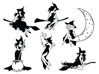Set of silhouettes witches flying on a broomstick. Collection of sexy mythical characters for Halloween. Magic female in witch hat on moon. Vector illustration of scary personage.  - obrazy, fototapety, plakaty