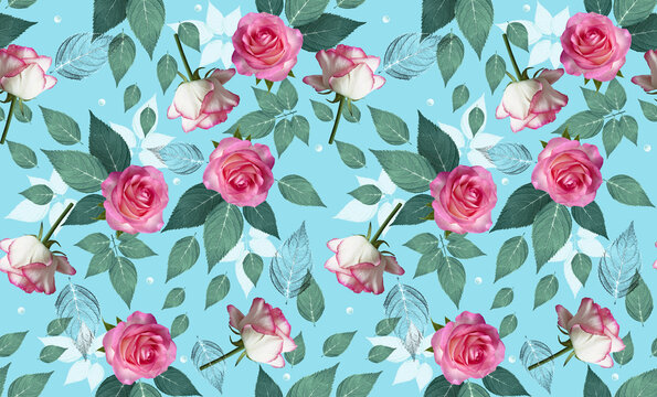 Fashionable feminine decorative stylish digital floral pattern wallpaper photo print with pink rose flowers with white leaves and dots on a trendy blue background.