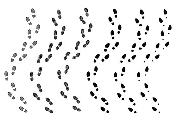 Set of footprints of shoes. Collection of sole mark  from human shoes. Hiking trace. Vector illustration of step on white background. 