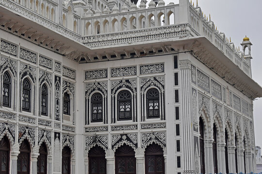 Wooden window with verses in Arabic calligraphy of Chota Imambara initially a congregation hall for Shia Muslims. Built by Muhammad Ali Shah, Lucknow, Uttar Pradesh, India
