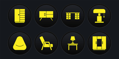 Set Pouf, Table lamp, Armchair, on table, Office desk, Chest of drawers, Wardrobe and icon. Vector