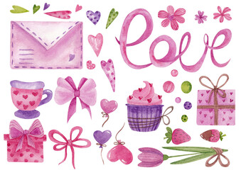 
Watercolor set for Valentine's Day is perfect for postcards, wallpapers, stickers. Set for February 14 consists of: an envelope, flowers, balloons, gifts, bows and the inscription "love"