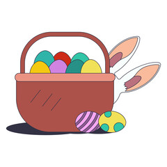 Easter basket with eggs and bunny ears vector cartoon illustration isolated on a white background.