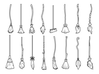 Set of silhouette of a witch's broom. Collection of broomstick from a tree for Halloween. Equipment tool for cleaning spiderweb. Vector illustration of scary accessory items.