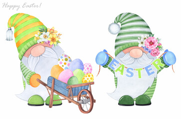 Cute gnomes with colorful Easter eggs. Easter card. Watercolor illustration.