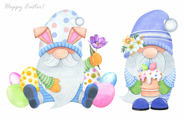 Easter Bunny with colorful eggs and sweets. Cute gnomes on a white background. Watercolor illustration.