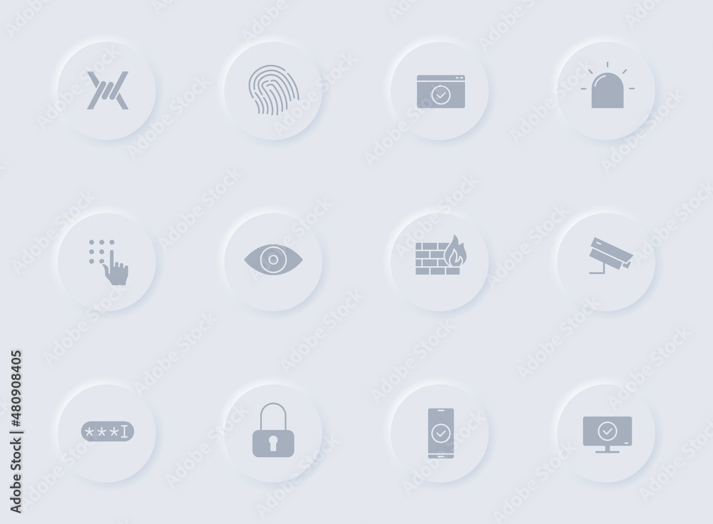 Poster security gray vector icons on round rubber buttons. security icon set for web, mobile apps, ui desig