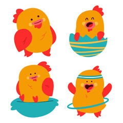 Cute kawaii chicken characters vector cartoon set isolated on a white background.