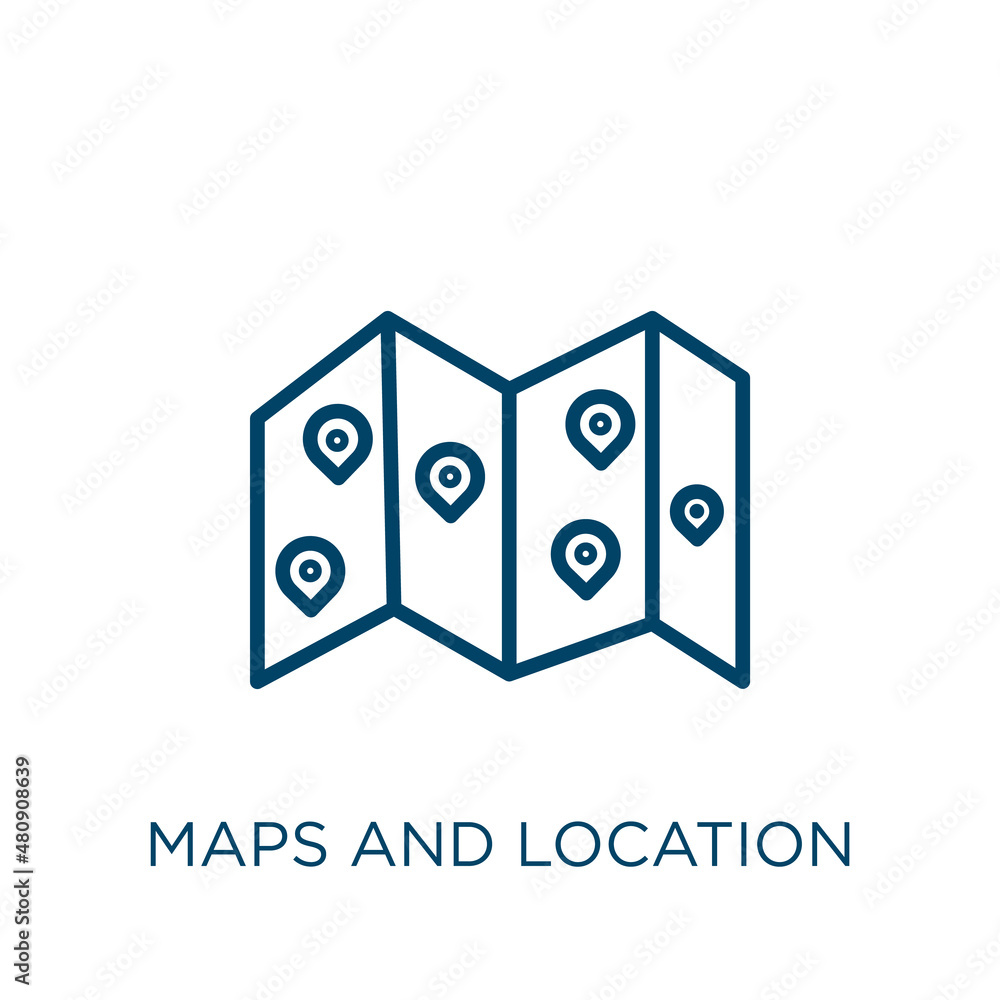 Poster maps and location icon. thin linear maps and location, pin, road outline icon isolated on white back