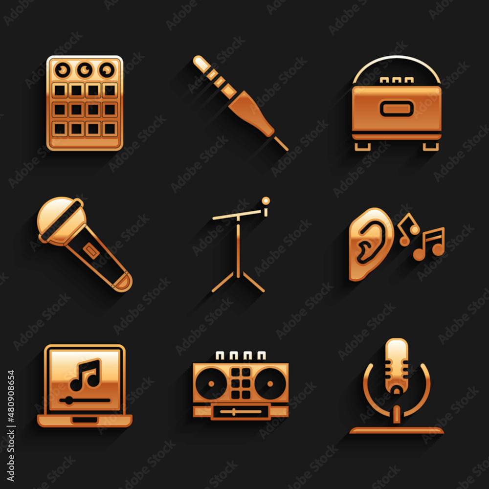 Sticker Set Microphone with stand, DJ remote mixing music, Ear listen sound signal, Laptop note, Stereo speaker and Drum machine icon. Vector