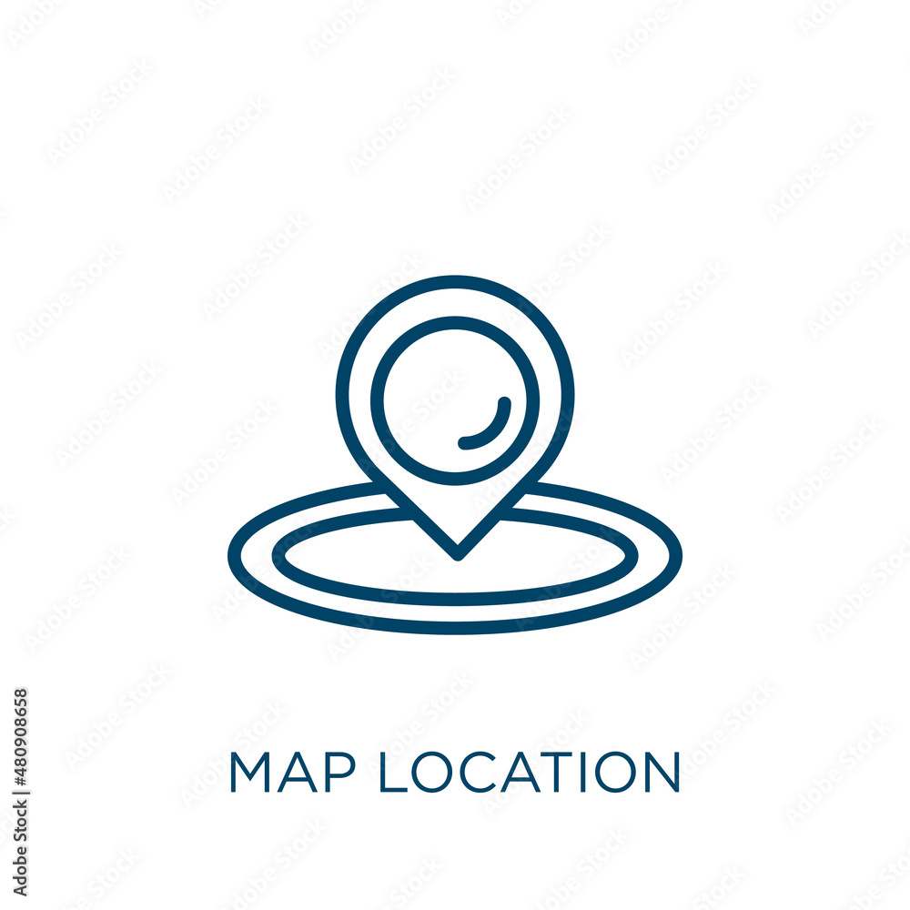 Poster map location icon. thin linear map location, pin, road outline icon isolated on white background. li