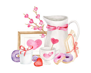 Watercolor Valentine's day arrangement. Hand drawn cute romantic composition with pitcher, donuts, branches, hearts, picture frame isolated on white background. Cute illustration for 14 february.