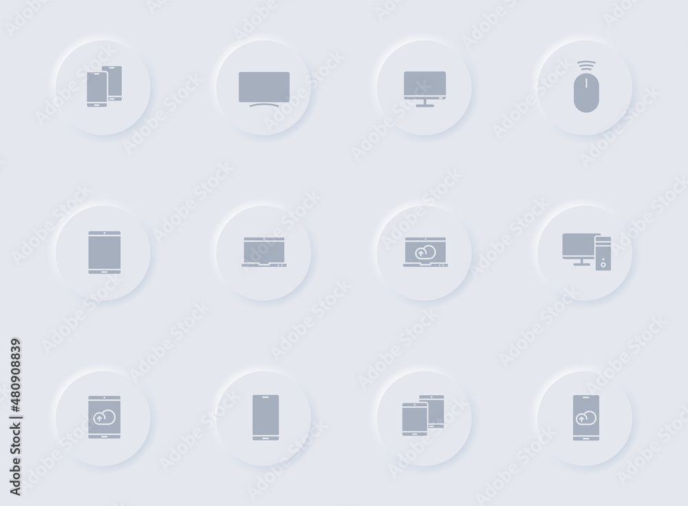Poster smart devices gray vector icons on round rubber buttons. smart devices icon set for web, mobile apps