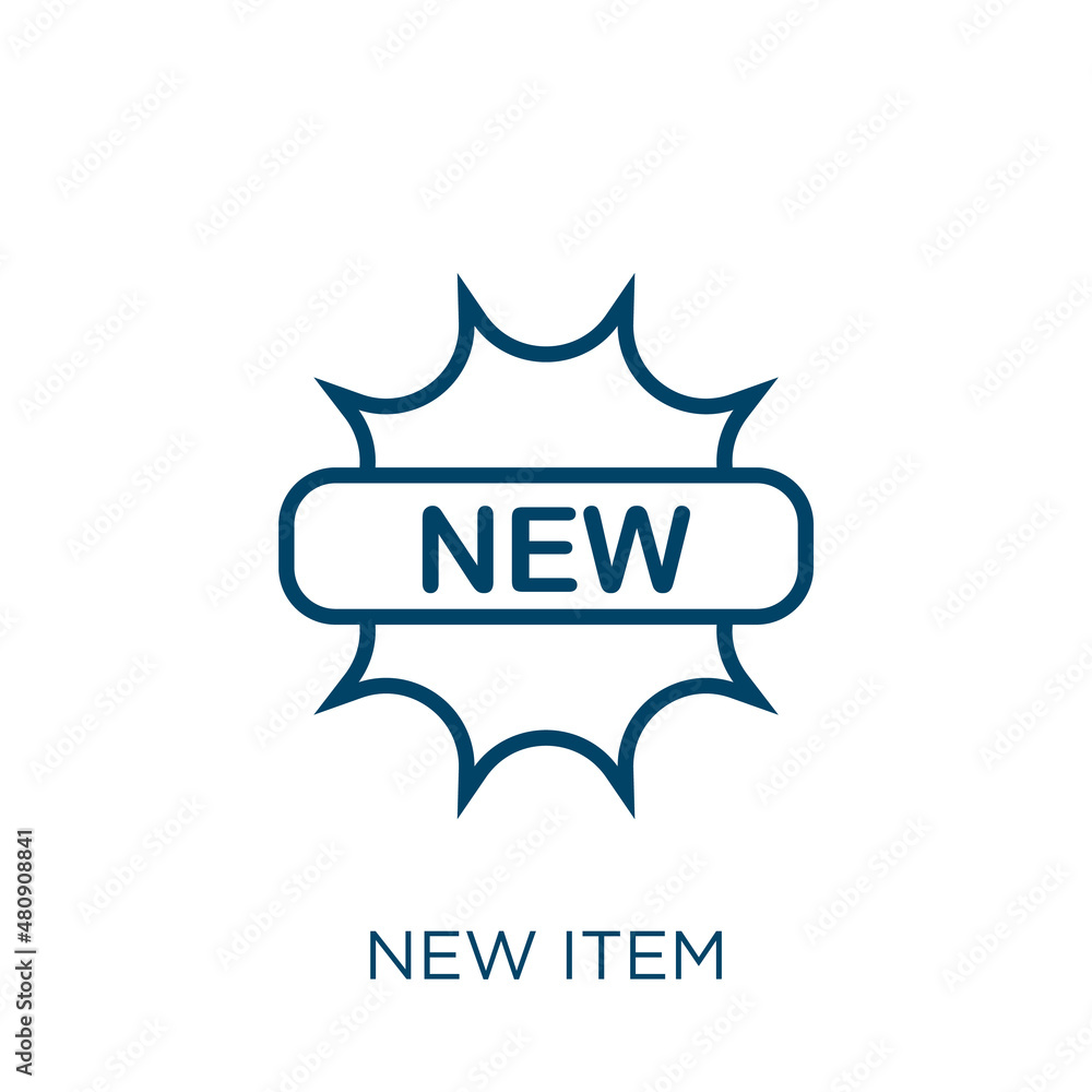 Poster new item icon. thin linear new item, tag, new outline icon isolated on white background. line vector