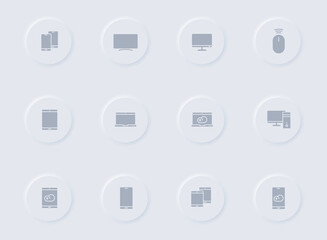 smart devices gray vector icons on round rubber buttons. smart devices icon set for web, mobile apps, ui design and promo business polygraphy