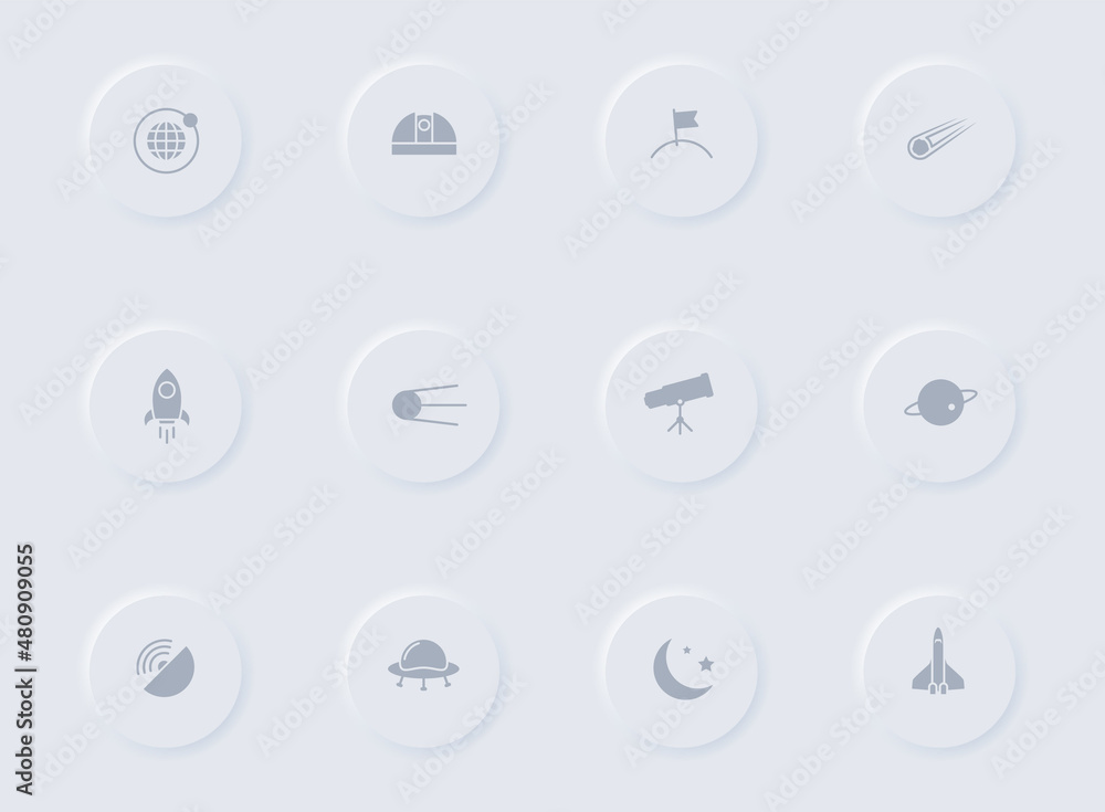 Poster space gray vector icons on round rubber buttons. space icon set for web, mobile apps, ui design and 