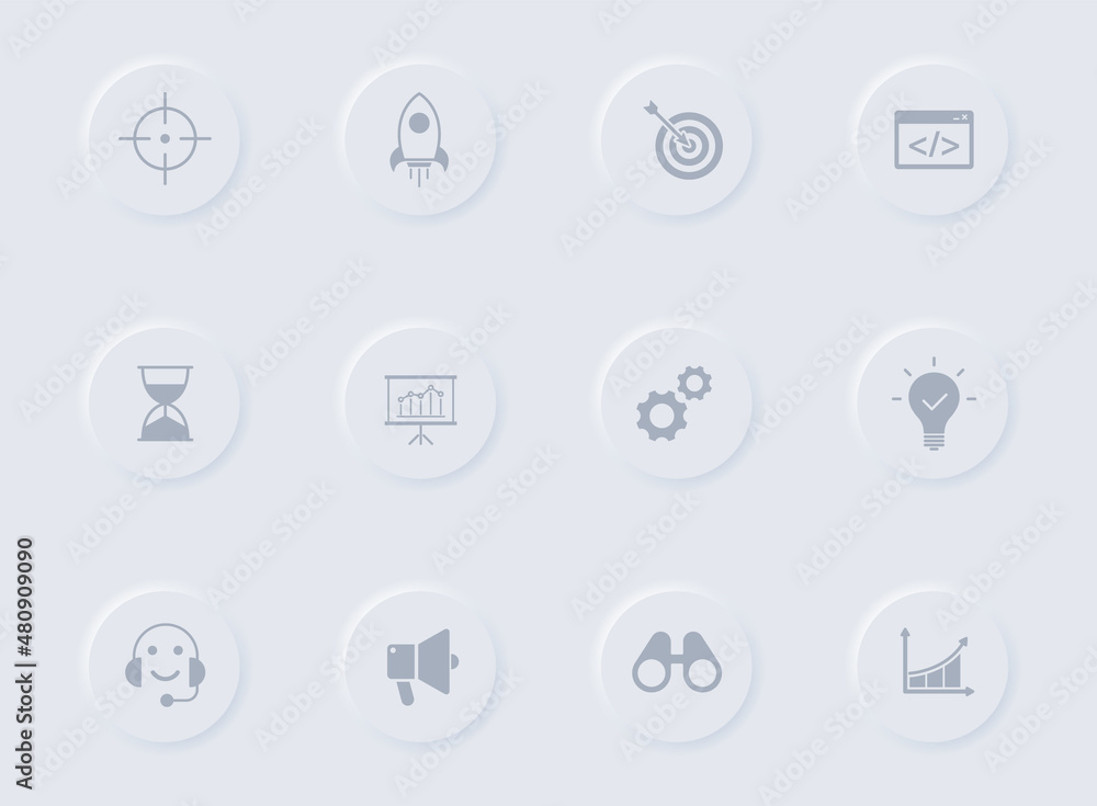 Poster startup gray vector icons on round rubber buttons. startup icon set for web, mobile apps, ui design 