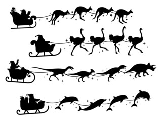 Set of Santa with sleds. Collection of Christmas giveaways drawn by dolphin, kangaroo, dinosaurs. Happy New Year. Vector illustration for holiday cards.