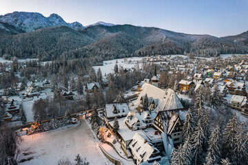 Zakopane Architecture and Giewont Mountain , Drone Winter View