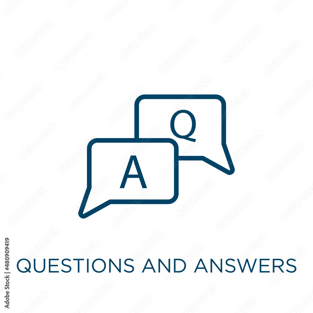 Poster questions and answers icon. thin linear questions and answers, question, answer outline icon isolate