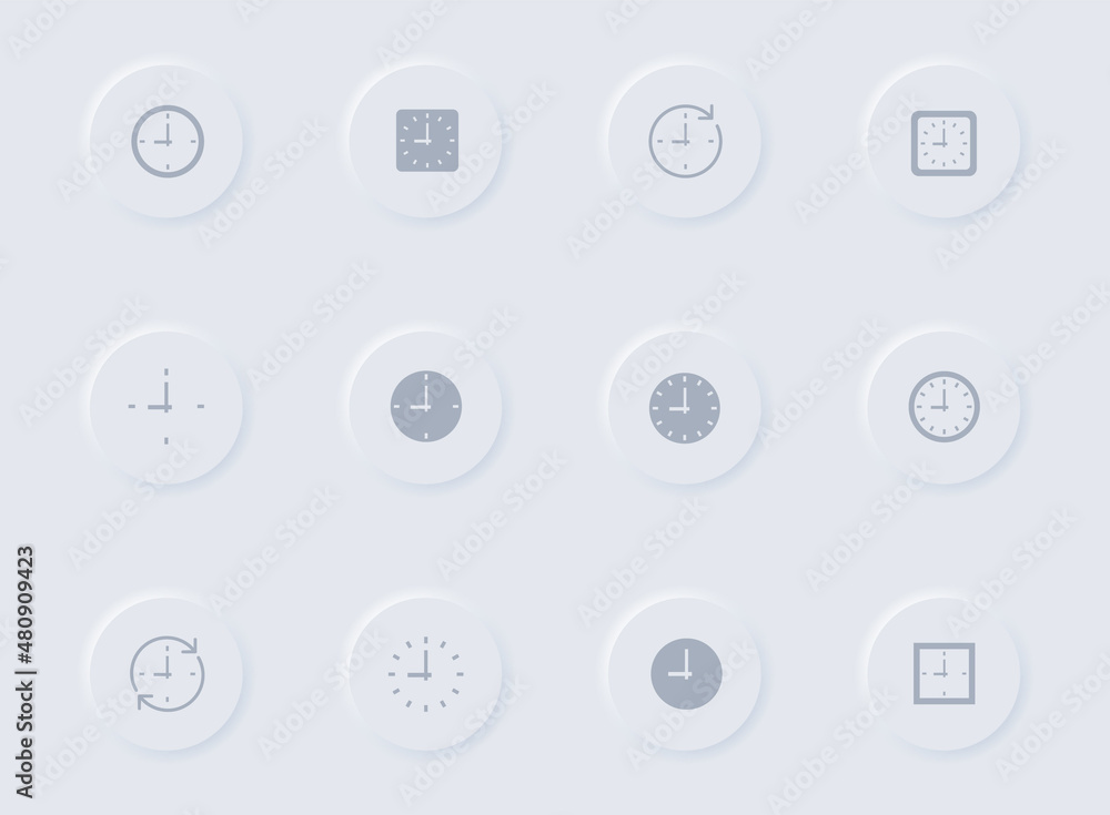 Poster time clock gray vector icons on round rubber buttons. time clock icon set for web, mobile apps, ui d