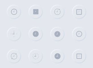time clock gray vector icons on round rubber buttons. time clock icon set for web, mobile apps, ui design and promo business polygraphy