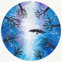  Watercolor circle forest, stars and the sky4
