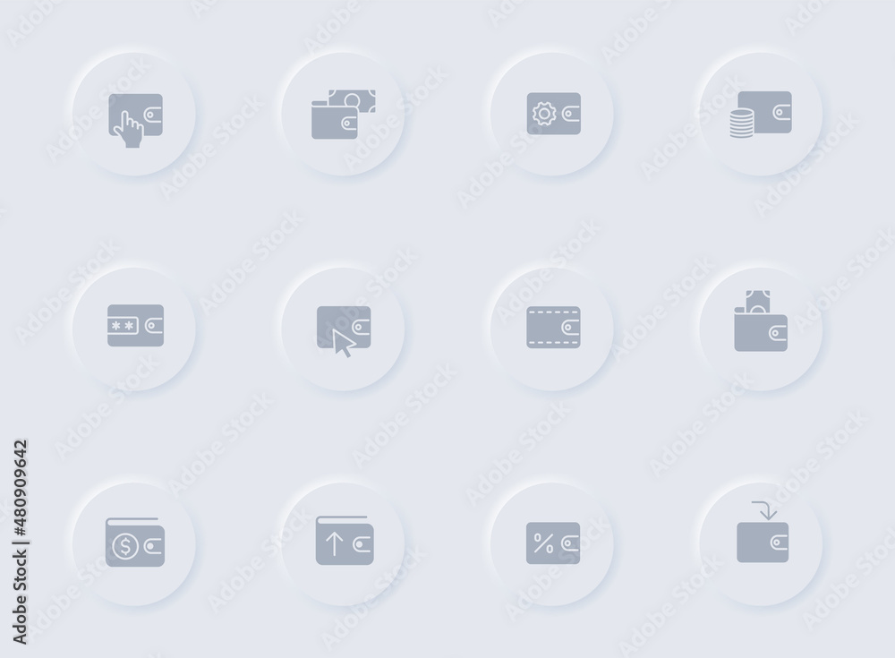 Poster wallet gray vector icons on round rubber buttons. wallet icon set for web, mobile apps, ui design an