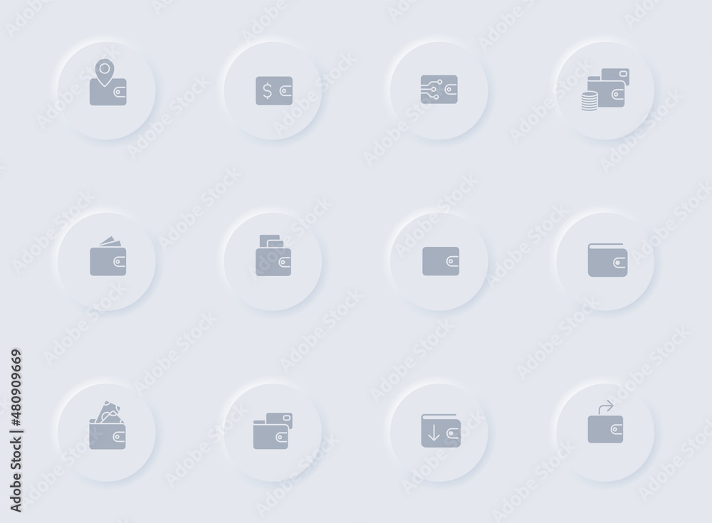 Poster wallet gray vector icons on round rubber buttons. wallet icon set for web, mobile apps, ui design an