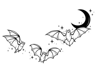 Illustration of tree black bats with stars. Flying bats on moon. Halloween. Magical bats. Drawing by hand. Tattoo. Drawing of night creatures.