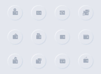 wallet gray vector icons on round rubber buttons. wallet icon set for web, mobile apps, ui design and promo business polygraphy