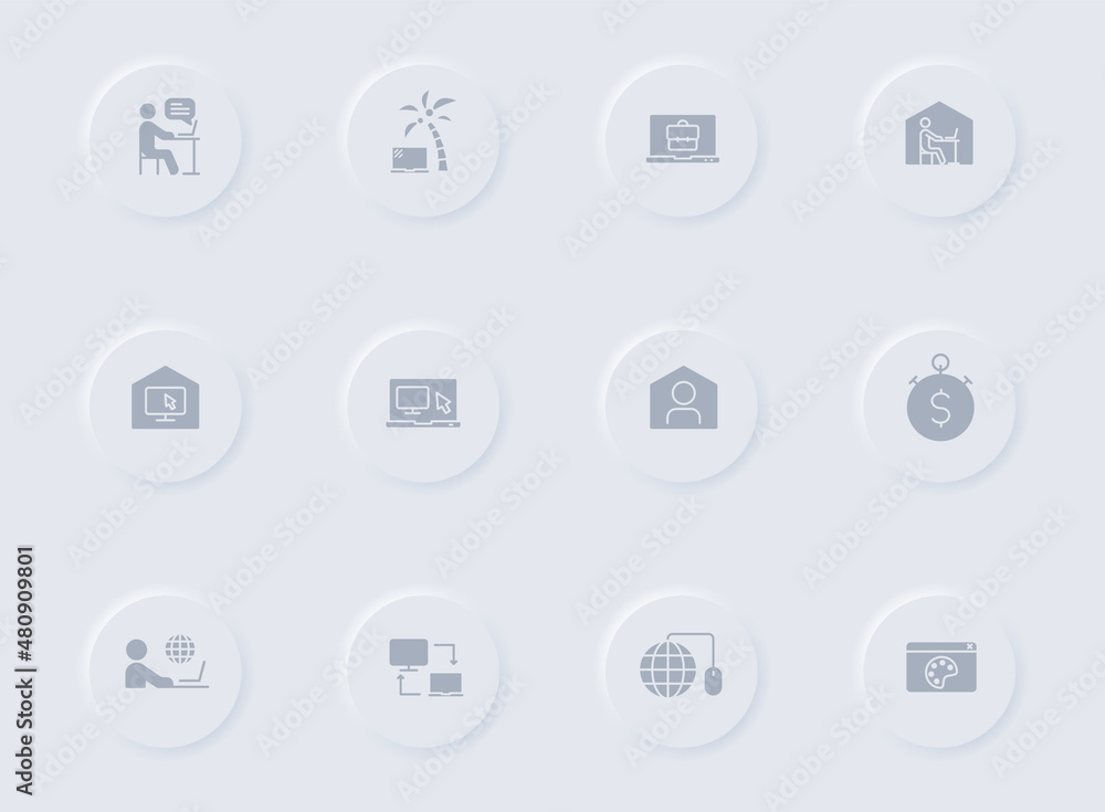 Poster work at home gray vector icons on round rubber buttons. work at home icon set for web, mobile apps, 
