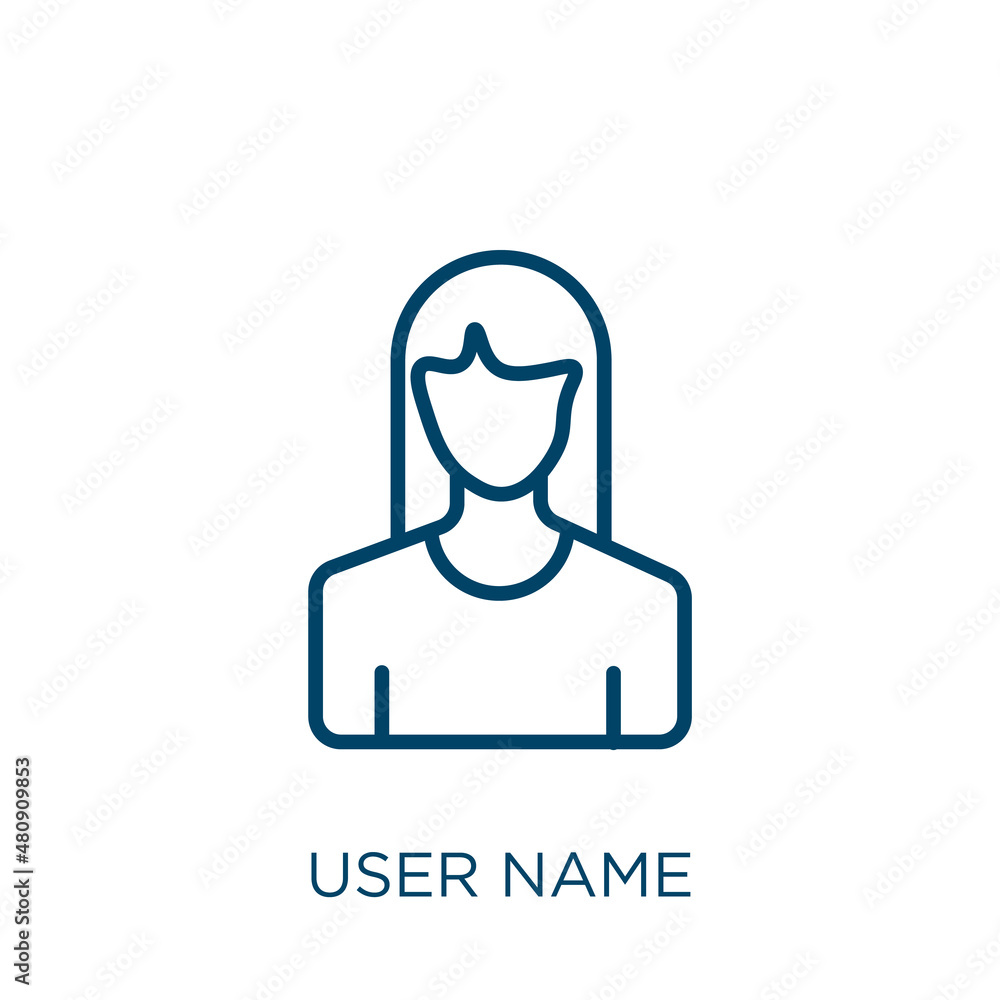 Poster user name icon. thin linear user name, contact, business outline icon isolated on white background. 