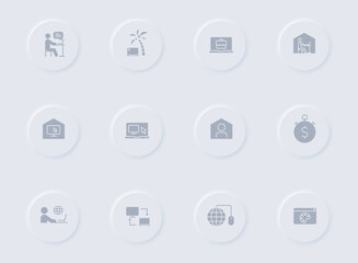 work at home gray vector icons on round rubber buttons. work at home icon set for web, mobile apps, ui design and promo business polygraphy