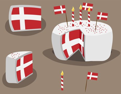 Danish flag cake vector illustration icon set. Dannebrog, flagkage, dannebrogskage.