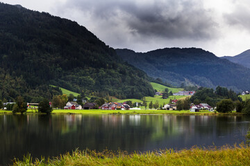 A beautiful Norway landscape at the fjords in september. Autentic scenery of Northern Europe.