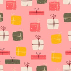 Gift boxes seamless pattern. Vector print flat cartoon style.