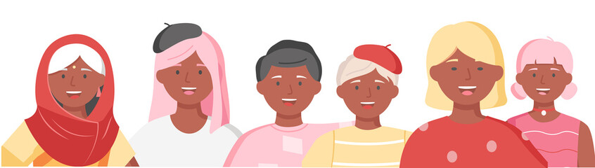 Multiethnic group of people standing together community and togetherness concept, diversity portrait. Characters men and women isolated on white. Crowd community. Social diversity friends or relatives