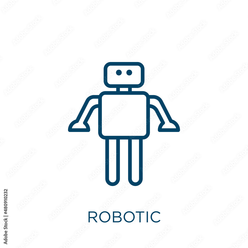 Poster robotic icon. thin linear robotic, robot, innovation outline icon isolated on white background. line