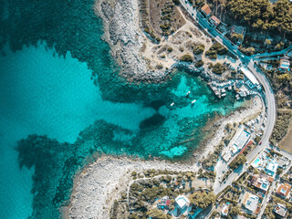 Aerial view of Leporano Marina, Province of Taranto, South Italy, Puglia. Drone shot in Apulia of a...
