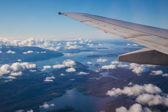 A beautiful viewa from abowe from the airplane window over the Norway. Travel photography of Northern Europe.