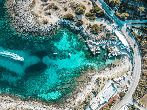 Aerial view of Leporano Marina, Province of Taranto, South Italy, Puglia. Drone shot in Apulia of a beautiful port, harbor.
