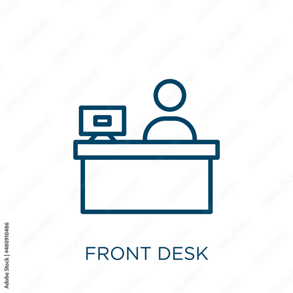 Poster front desk icon. thin linear front desk, desk, front outline icon isolated on white background. line