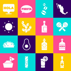 Set Tabasco sauce, Tequila bottle, Maracas, Coffee beans, Cactus, Sun, Hola and icon. Vector © vector_v