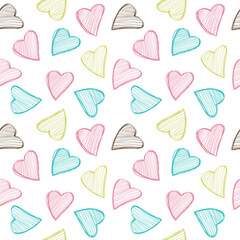 Seamless pattern in the concept of children's drawings. Background with hearts in pastel colors. Great for Baby, Valentine's Day, Mother's Day, wedding, scrapbook, surface textures.
