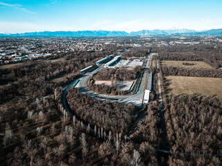Aerial view of The Autodromo Nazionale of Monza, that is a race track located near the city of...