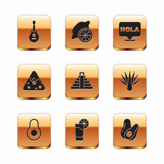 Set Mexican guitar, Avocado fruit, Tequila glass with lemon, Chichen Itza in Mayan, Nachos, Hola, and Lemon icon. Vector © vector_v