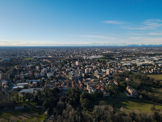 Aerial view of Autodromo Nazionale Monza, a race track near the city of Monza in Italy, north of Milan. Venue of the Formula 1 Grand Prix. From the air, drone photography.
